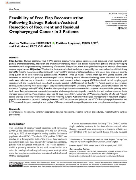 Pdf Feasibility Of Free Flap Reconstruction Following Salvage Robotic