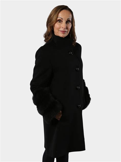 Black Lora Piana Wool Coat With Fox Trim Medium Estate Furs