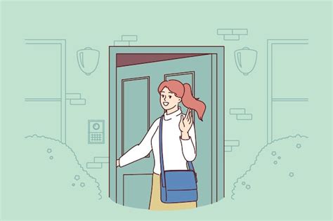 Premium Vector Woman Enters House Opening Door And Turning Around To