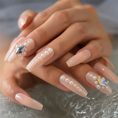 Churchf Nude Fake Nail Extra Long Coffin Nail Art Tips Pure Pearl Press On Nails D Rhinestone