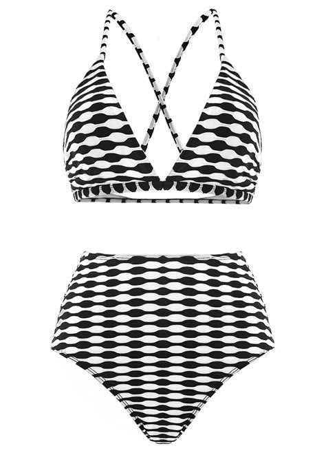 Three Piece High Waisted Geometric Print Black Bikini Set Modlily