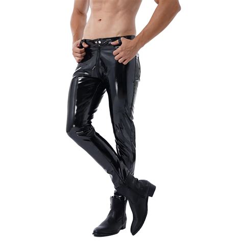 Mens Lingerie Crotchless Pants Patent Leather Zipper Nightclub Bar Stage Performance Costumes