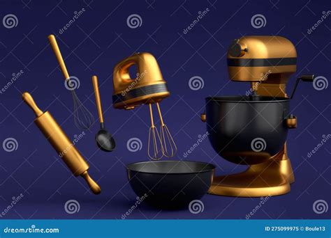 Mixer And Bowl With Kitchen Utensil For Preparation Of Dough On Blue