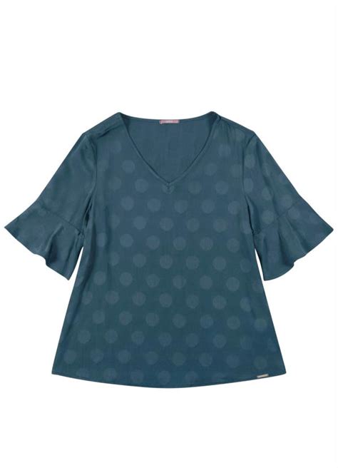 Blusa Em Viscose Poá Com Manga Fluída Azul Gris