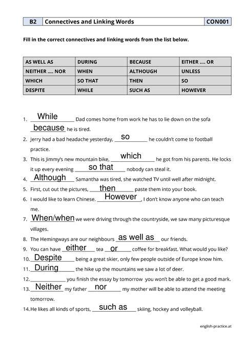 Con Con English Practice B Connectives And Linking Words