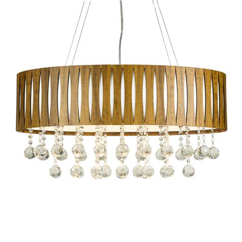 Lustre Pendente Ripado Oval Cristais Em Madeira Imbuia Wood