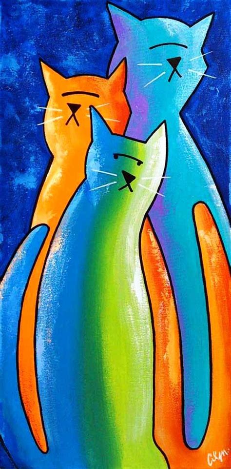 Two Cats Are Hugging Each Other On A Blue Background With Orange Green