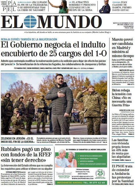 Portada De El Mundo Del Martes De Noviembre De Medios