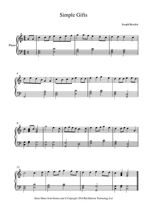 Joseph Brackett Simple Gifts Sheet Music For Piano Notes