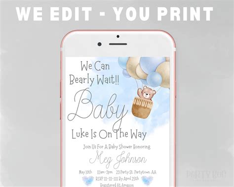 Editable Teddy Bear Hot Air Balloon Baby Shower Bundle We Can Bearly Wait Baby Shower Invite