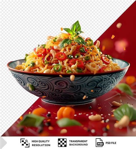 Premium Psd Spicy Szechuan Noodles In A Black Bowl On A Red Table