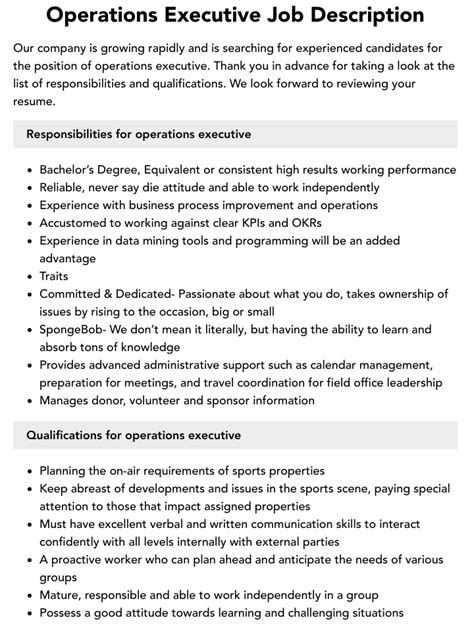 What Are The Roles And Responsibilities Of Operations Executive