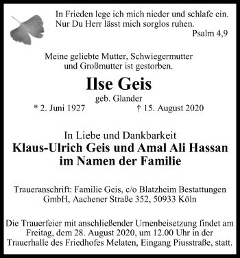 Traueranzeigen Von Ilse Geis Wirtrauern