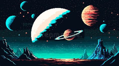 8 Bit Pixel Art Space Planet Surface and Galaxy Stock Vector ...