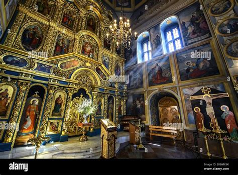 Interior of the St. Michael's Golden-Domed Cathedral with altar and ...