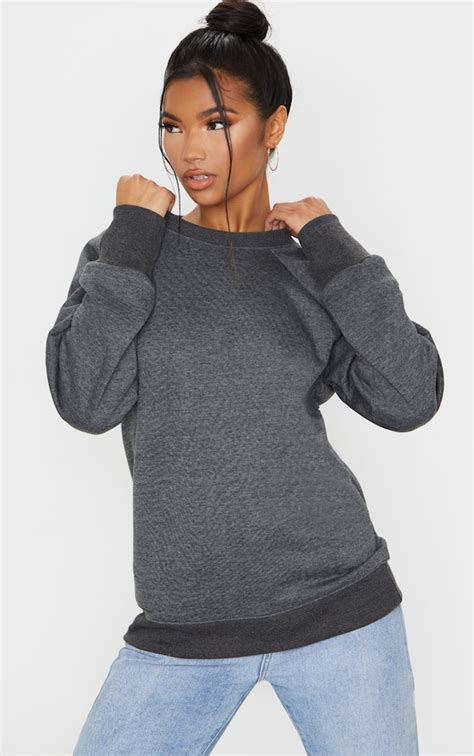 Basic Charcoal Grey Crew Neck Sweatshirt Tops Prettylittlething