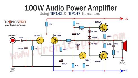 100W Amplifier Circuit Diagram Using TIP142 TIP147 Transistors