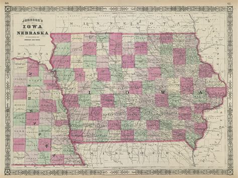 Johnsons Iowa And Nebraska Us State Map Showing Counties 1865 Old Antique