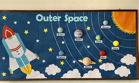 Outer Space Bulletin Board With Planets Stars And Rockets