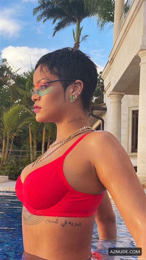 Rihanna Sexy Shows Off Her Hot Body In The Pool In A Red One Suit Aznude