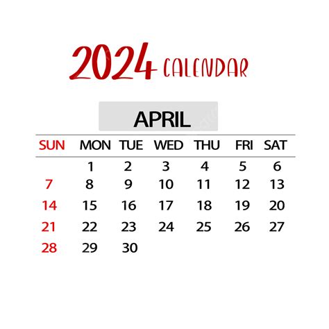 Abril 2024 Calendario Simple Rojo PNG Dibujos Abril Calendario 2024