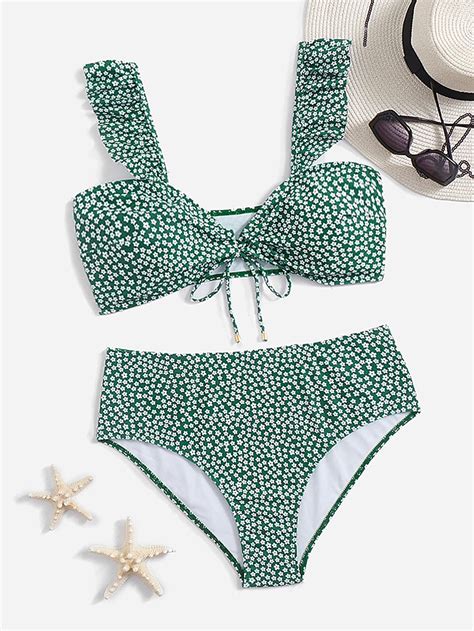 SHEIN Swim Mod Plus Ditsy Floral Print Bikini Set Ruffle Trim Tie Front