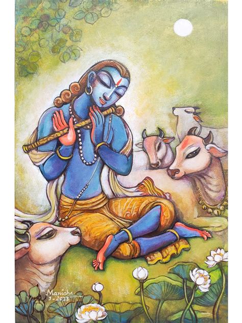 Lord Krishna Playing Flute With Cows Painting By Manisha Srivastava