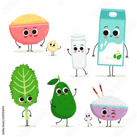 Set Of Cute Cartoon Vegan Protein Food Characters Isolated On White