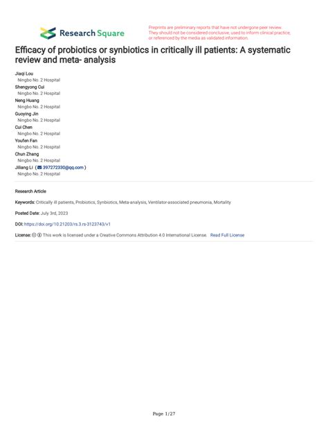 Pdf Efficacy Of Probiotics Or Synbiotics In Critically Ill Patients