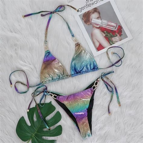 Sexy Active Two Piece Halter Bikini Women Lace Up Thong Swimsuit Crystal Diamond Bathing Suit
