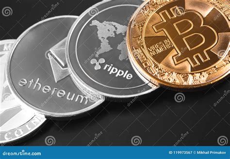 Bitcoin Ethereum Ripple And Litecoin On The Black Background