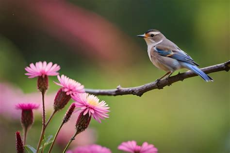 Un Oiseau Est Assis Sur Une Branche Avec Des Fleurs Roses Photo Premium