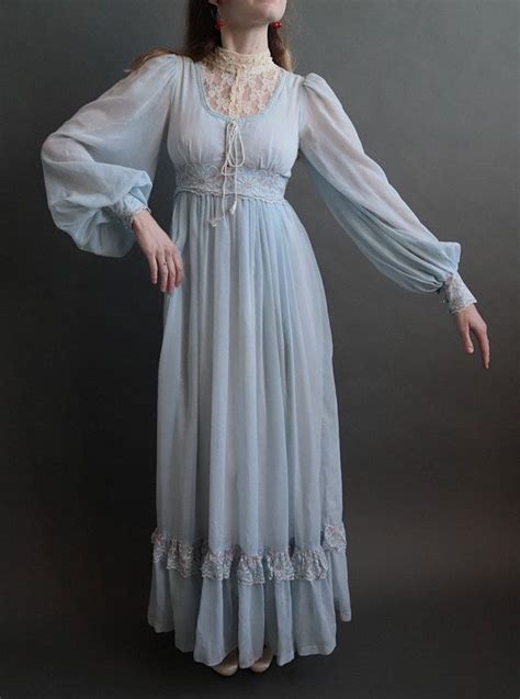 Gunne Sax Blue Maxi Prairie Dress Bell Sleeves Lace Vintage S