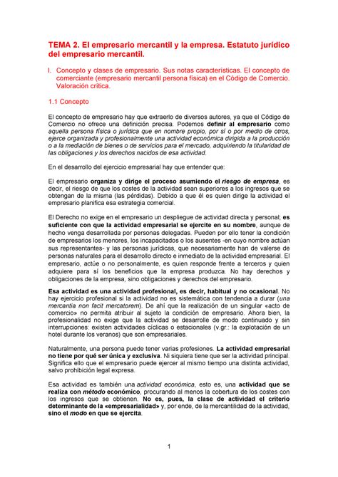 Tema 2 El empresario mercantil y la empresa Estatuto jurídico del