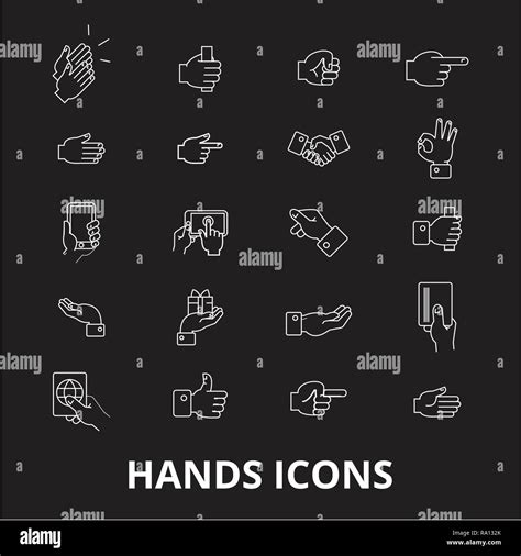 Hands Editable Line Icons Vector Set On Black Background Hands White