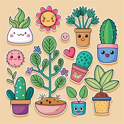 Premium Vector Cute Cartoon Stickers Of Potted Plants With Happy Faces