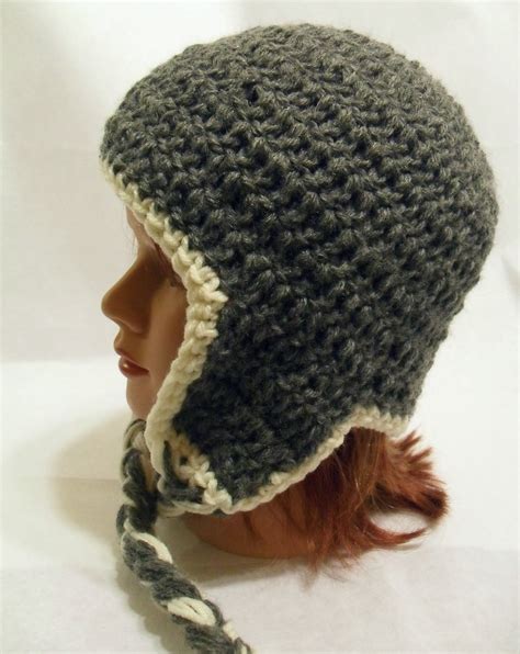 Crochet Beanie In Grey With Ear Flaps Adult By AddSomeStitches