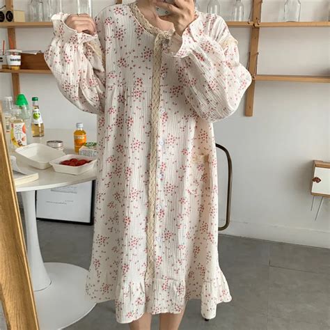 Korean Floral Print Autumn Nightgown Women Lace Patchwork Long