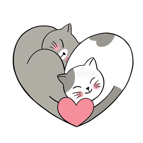 Dibujo A Mano Dibujos Animados Lindo Día De San Valentín Pareja Gatos Negro Y Blanco Y Vector