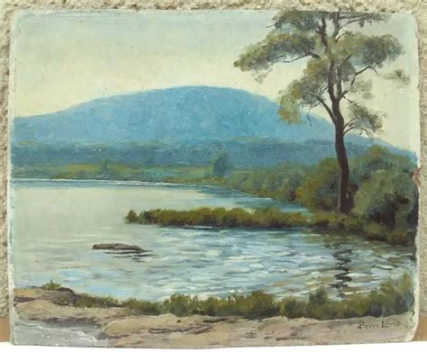 Tableau Ancien Peinture Huile Sur Panneau Paysage Lac Sign Pierre