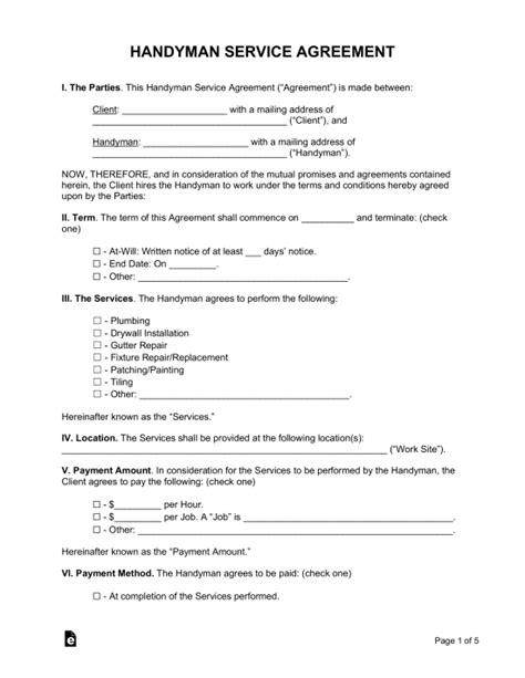 Free Handyman Contract Pdf Word Eforms