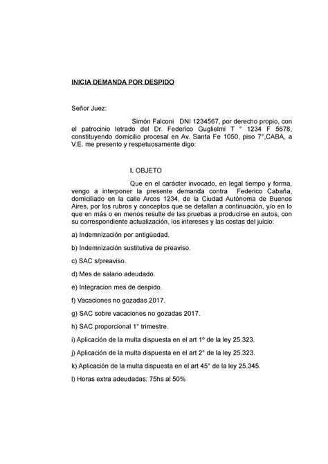 Demanda CABA INICIA DEMANDA POR DESPIDO Juez Falconi DNI 1234567