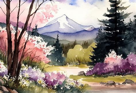 Premium AI Image | A watercolor painting of a mountain landscape with a ...