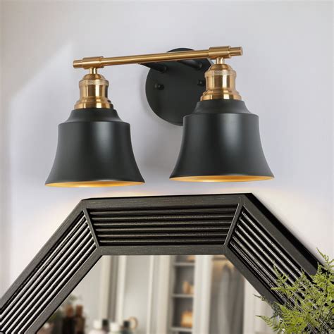 Bellee Modern Farmhouse 2 Light Black Gold Bathroom Vanity Light Dimmable Metal Shade Wall