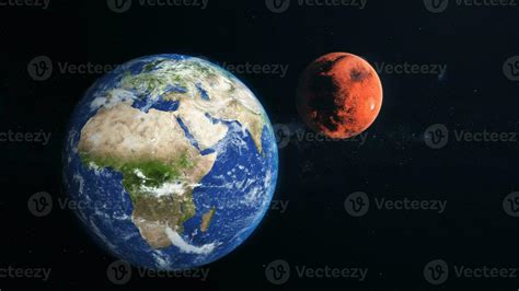 3D Render Close Up Earth World Planet And Show Up Mars Red Planet From ...