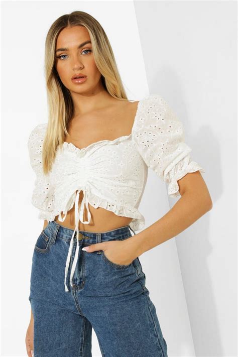 Broderie Puff Sleeve Ruched Front Top Boohoo