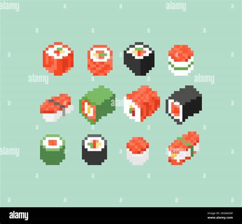 Sushi Rolls Pixel Art Set Bit Traditional Japanese Food Pixelated