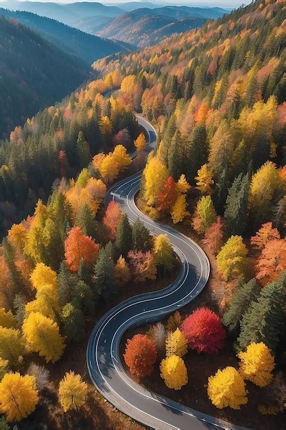 Premium Photo Aerial View Of A Winding Road With Colorful Trees In Autumn