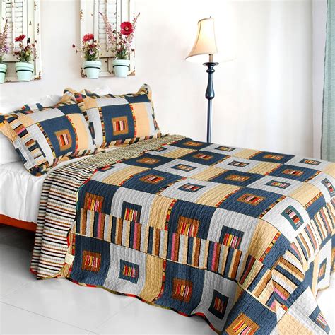 Dim Light Cotton 3pc Vermicelli Quilted Plaid Patchwork Quilt Set Full