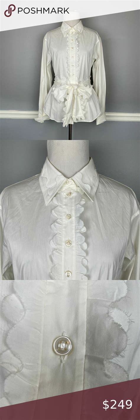 Ysl Us White Belted Blouse With Scalloped Ruffle Trim